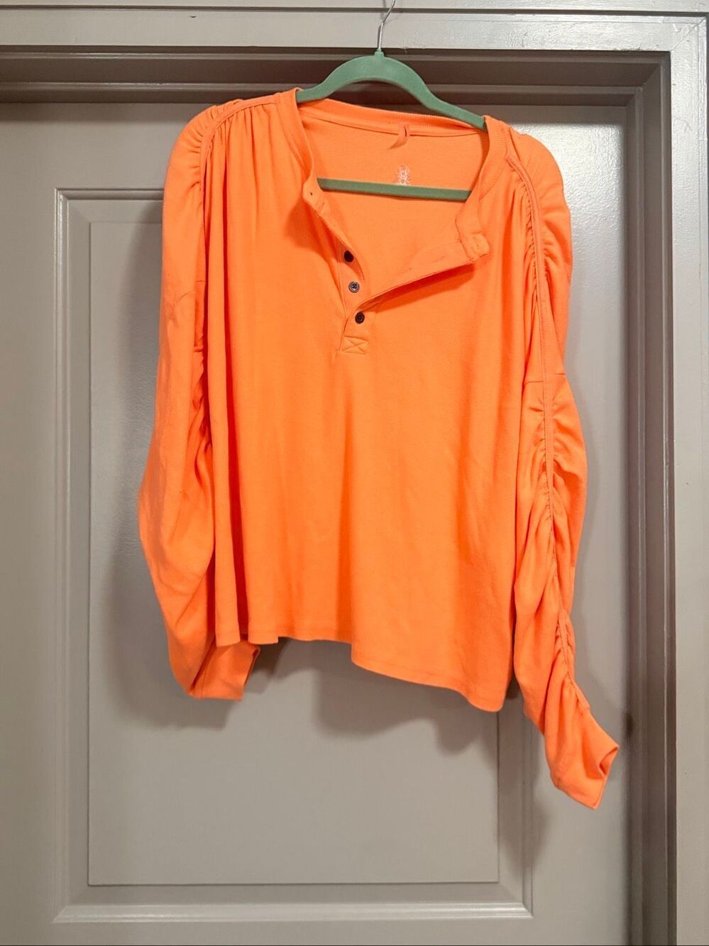 Free People Orange Ruched Gathered Long Sleeve Henley Button Front Top Size S